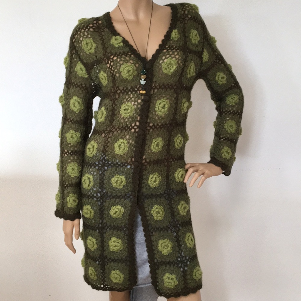 Hand Knit Mohair Granny Crochet Cardigan Sweater S